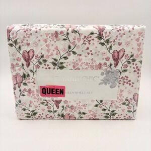 Shabby Chic Queen Sheet Set Pink Lovebirds Hearts Floral White 4 Piece New